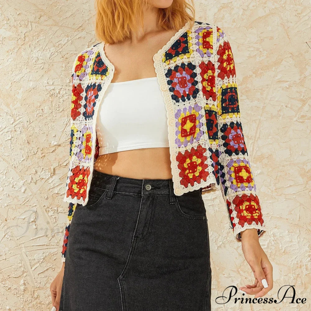 Floral Button-Up Boho Long Sleeve Knitted Cardigan