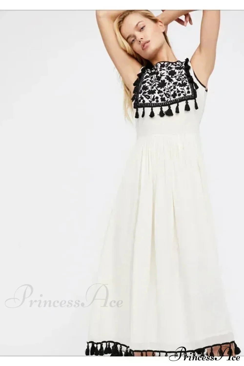 Floral Embroidery Sleeveless Tassel Cotton Boho Dress