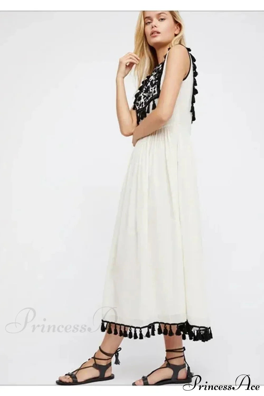 Floral Embroidery Sleeveless Tassel Cotton Boho Dress