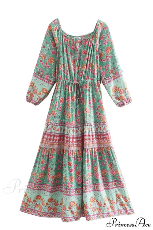 Floral Long Sleeve Belt Tassel Off Shoulder Boho Dress