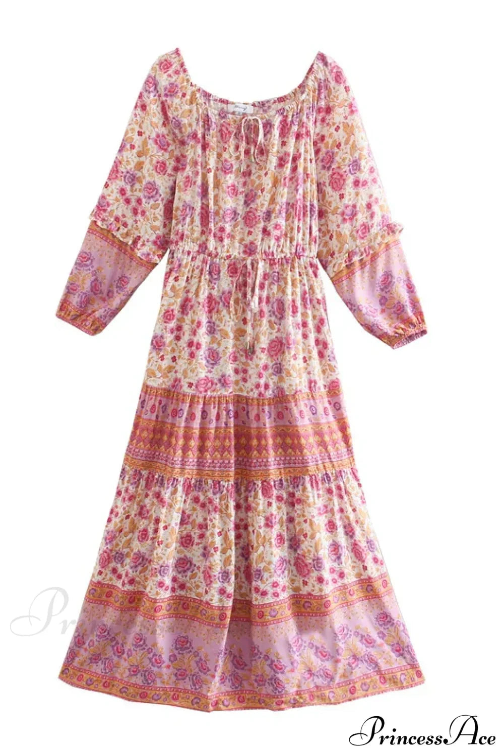 Floral Long Sleeve Belt Tassel Off Shoulder Boho Dress