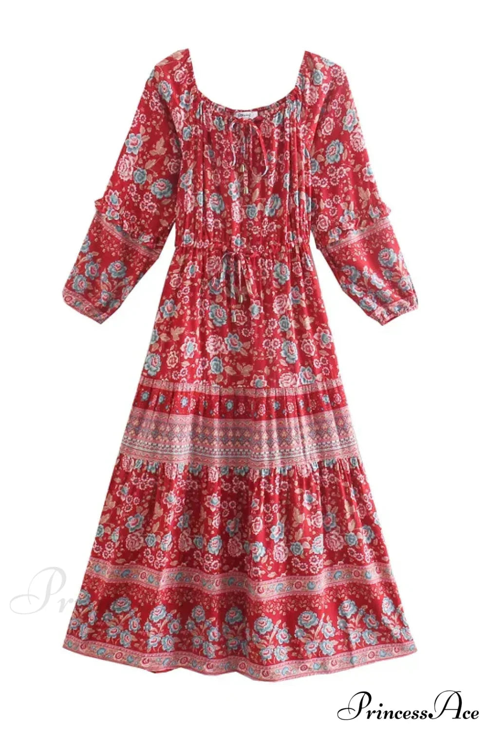 Floral Long Sleeve Belt Tassel Off Shoulder Boho Dress