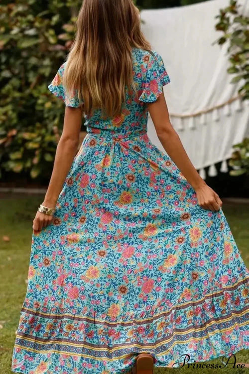 Floral Print Bat Sleeve Sashes Wrap Maxi Boho Cover-ups