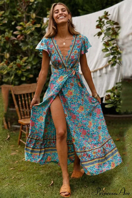 Floral Print Bat Sleeve Sashes Wrap Maxi Boho Cover-ups