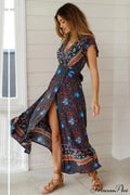 Floral Print Bat Sleeve Wrap V-neck Maxi Boho Dress
