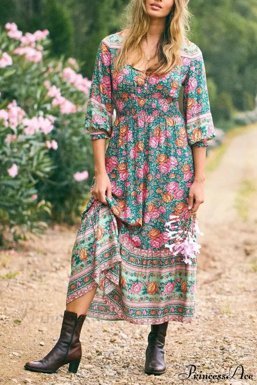 Floral Print Cross V-neck Button Summer Boho Dress