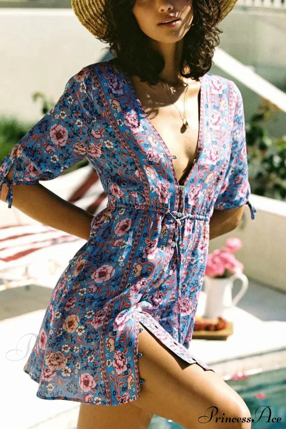 Floral Print Lace-up Front Button Mini Summer Boho Dress