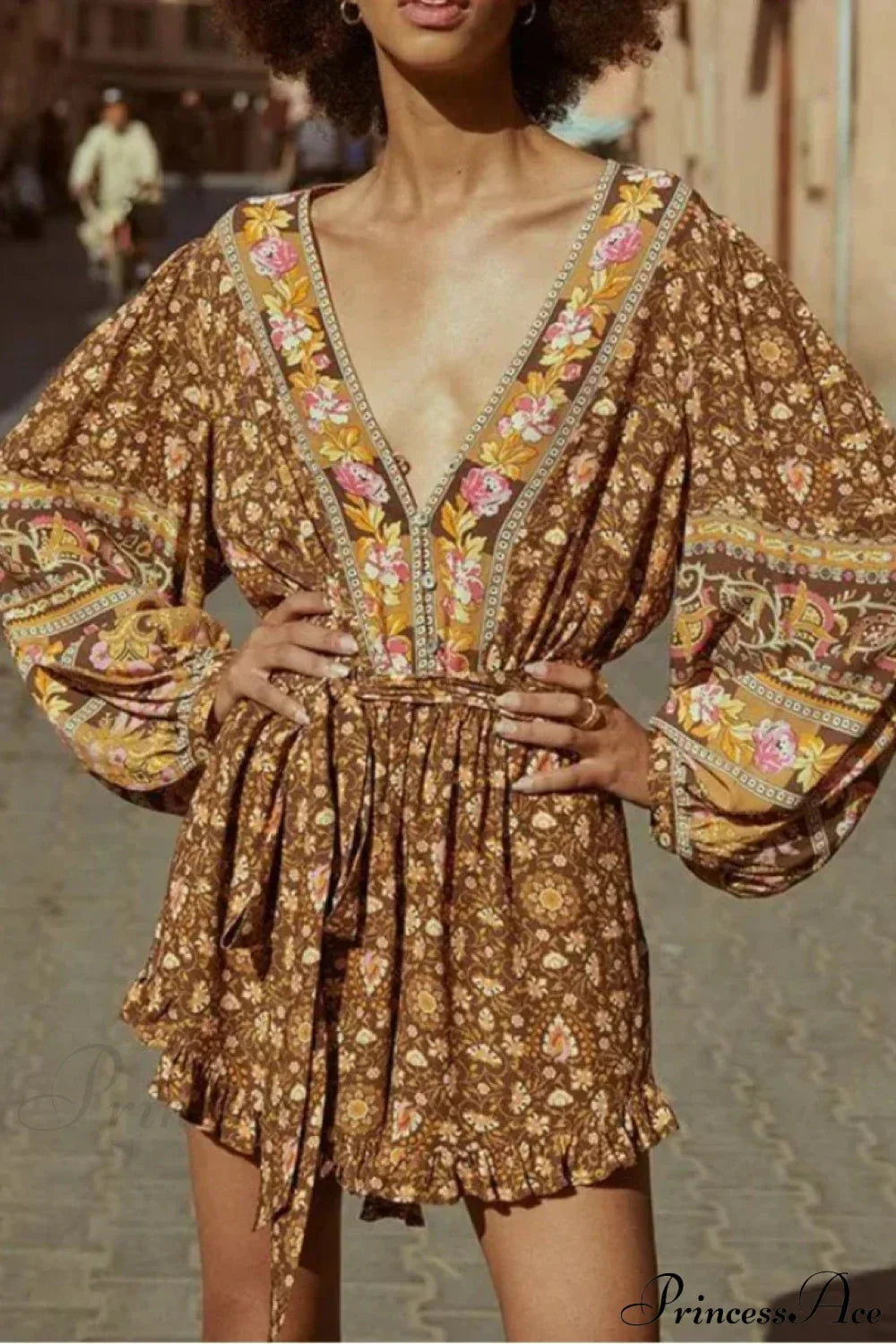 Floral Print Sashes V-neck Long Sleeve Tassel Rayon Boho Romper