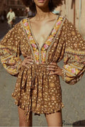 Floral Print Sashes V-neck Long Sleeve Tassel Rayon Boho Romper