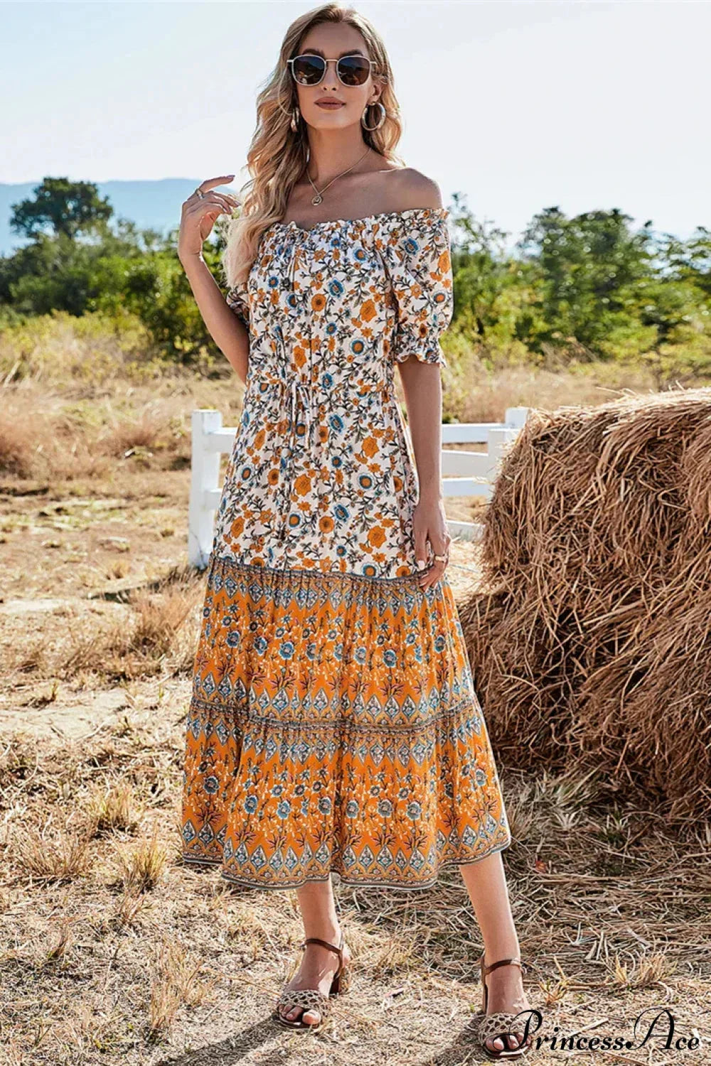 Floral Print Short Sleeve Off Shoulder Maxi Boho Dress