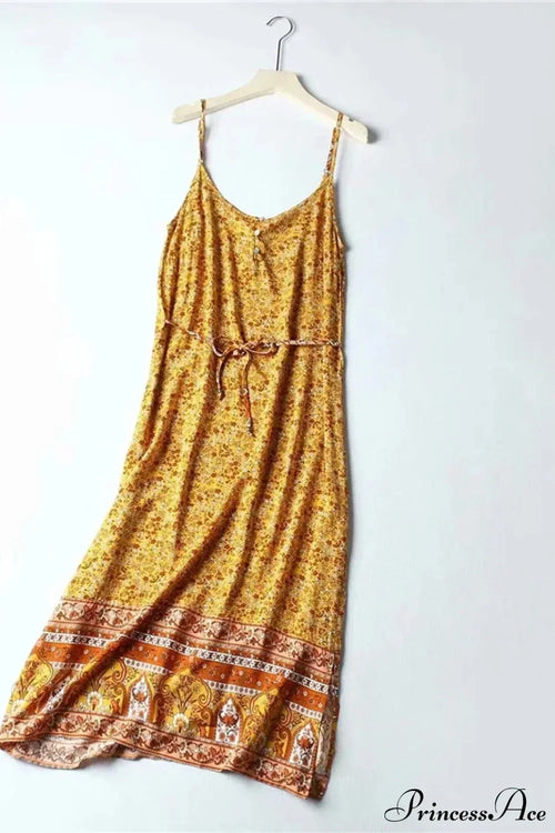 Floral Print Sleeveless Strap Rayon Cotton Midi Boho Dress