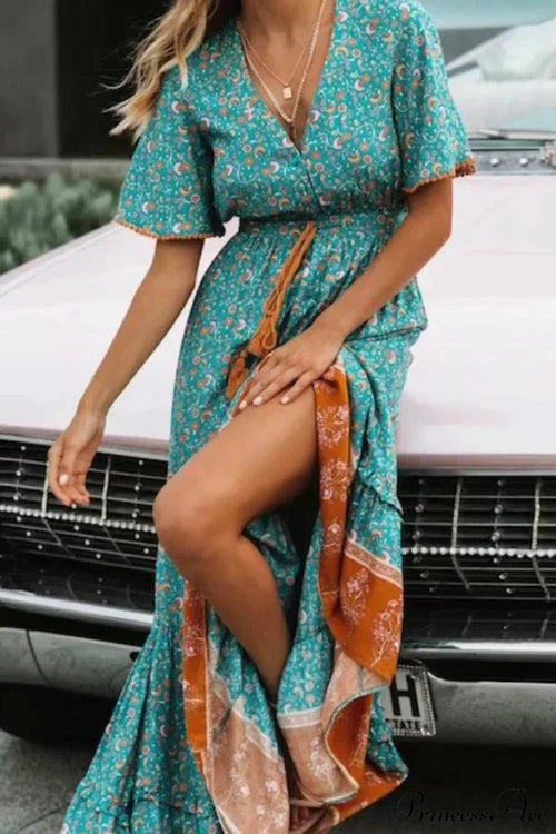 Floral Print Tassel V-neck Rayon Cotton Maxi Boho Dress