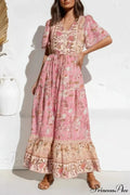 Floral Print Tie Neck Pleated Cotton Rayon Boho Dress