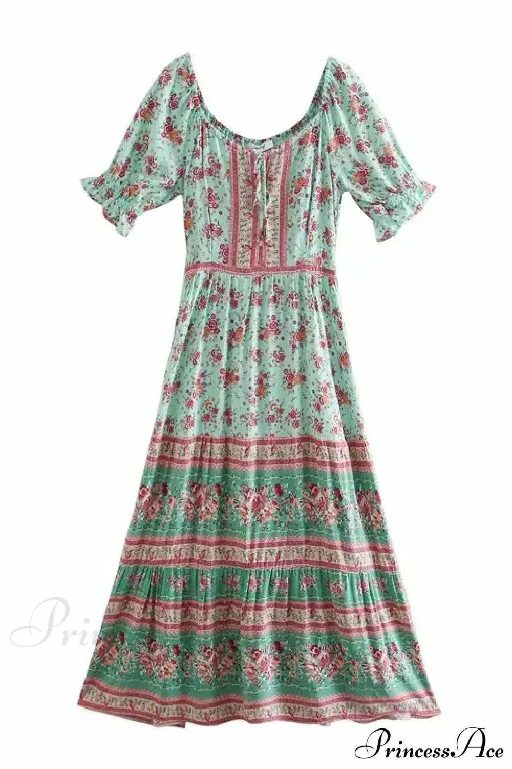 Floral Print V-neck Button Pleated Rayon Boho Dress