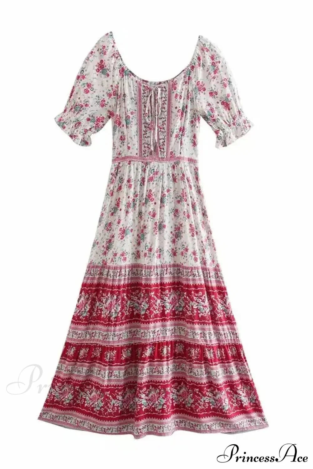 Floral Print V-neck Button Pleated Rayon Boho Dress