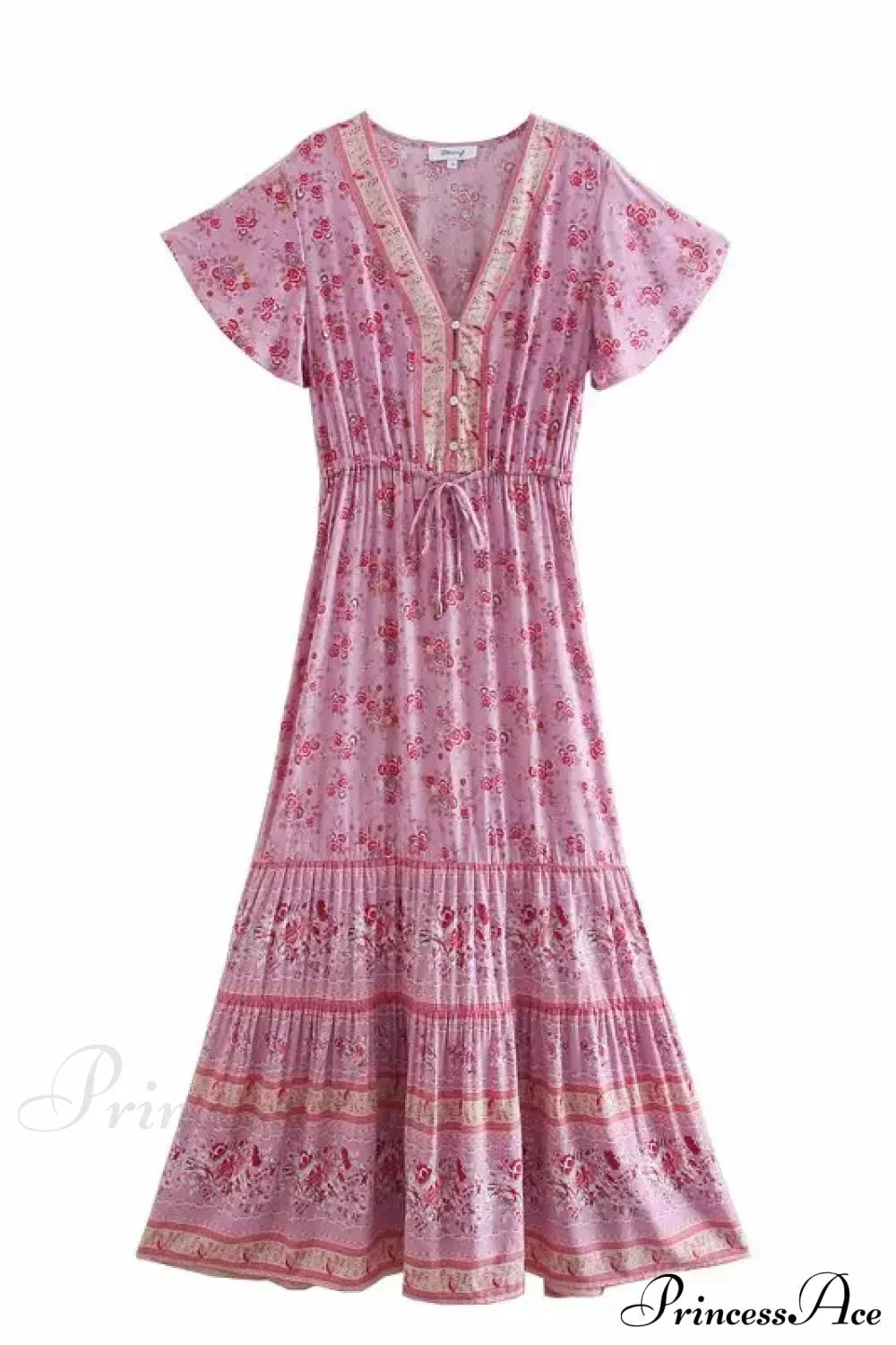 Floral Print V-neck Button Pleated Rayon Boho Dress