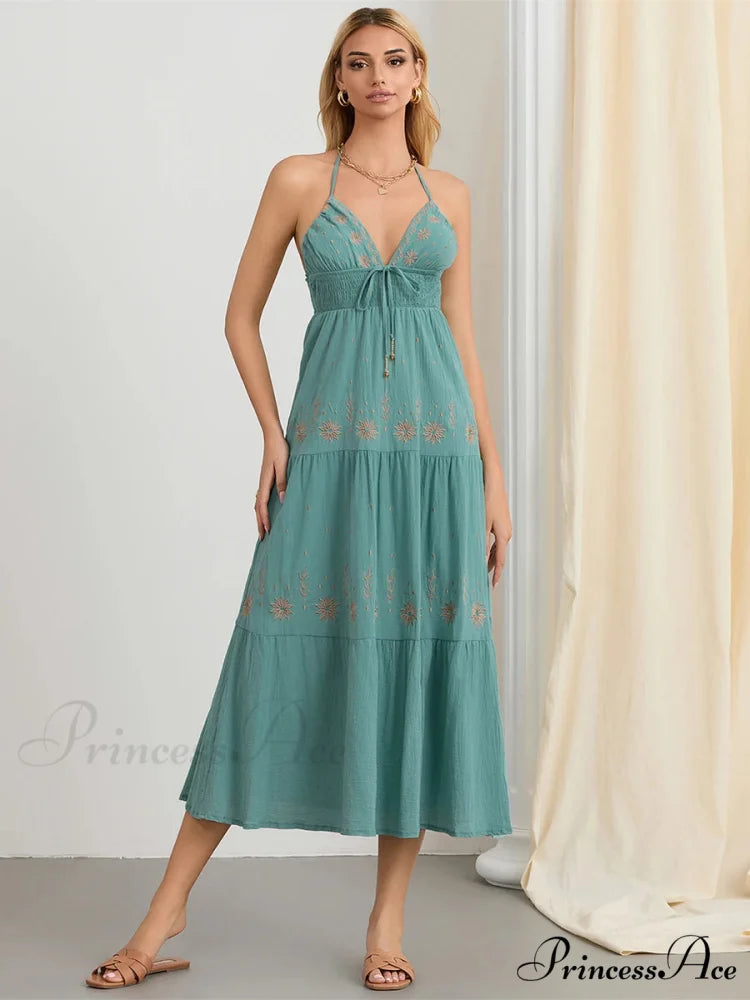 Floral Stitched Cinch-Up Halter Bohemian Open-Back A-Line Beach Dress