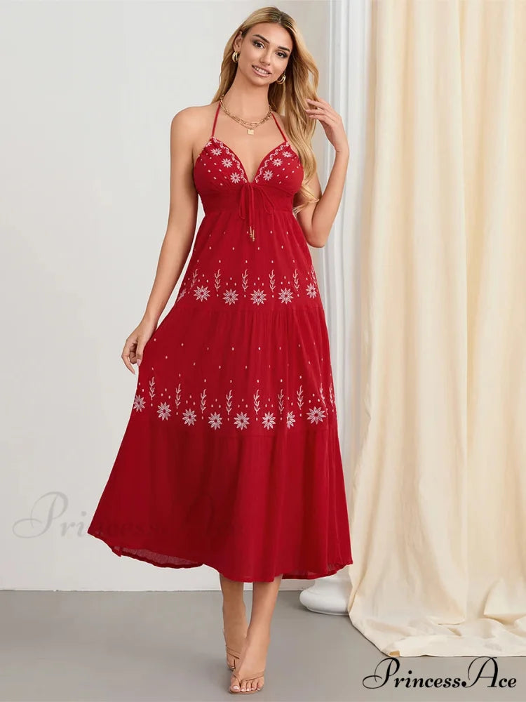Floral Stitched Cinch-Up Halter Bohemian Open-Back A-Line Beach Dress