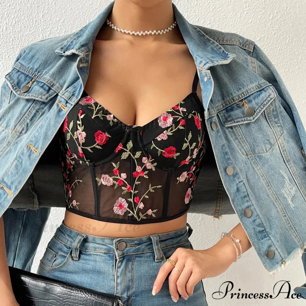 Flower Bustier Crop Top with Clasp Halter Tank