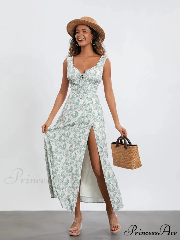 Flower Child Tank Dress Sleeveless Frilled Tie-up Sweetheart Floral Dress