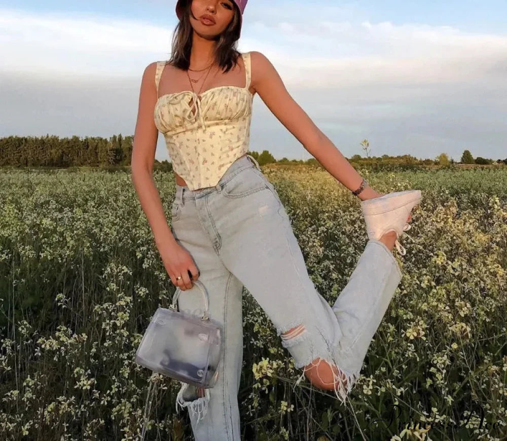 Flower Lace Gathered Tie Fitted Open Back Bustier