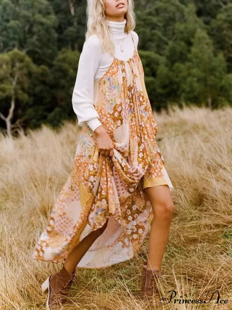 Flower Pattern Bandeau A-line Rayon Seaside Summer Maxi Boho Dress