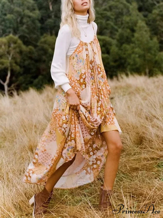 Flower Pattern Bandeau A-line Rayon Seaside Summer Maxi Boho Dress