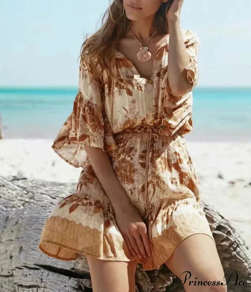 Flower Pattern Bands Stretchy Waist Bell Sleeve Short Bohemian Dress