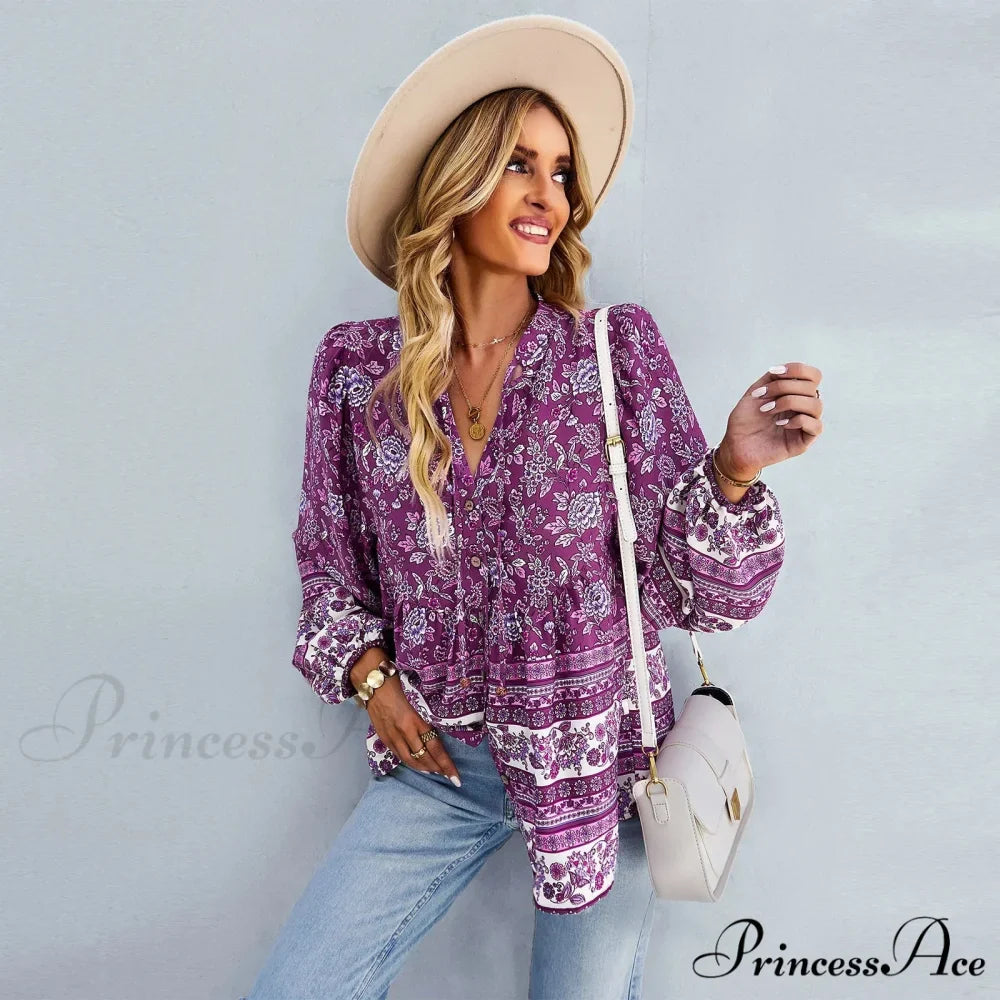 Flower Pattern Button-Up Extended Sleeve Bohemian Blouse