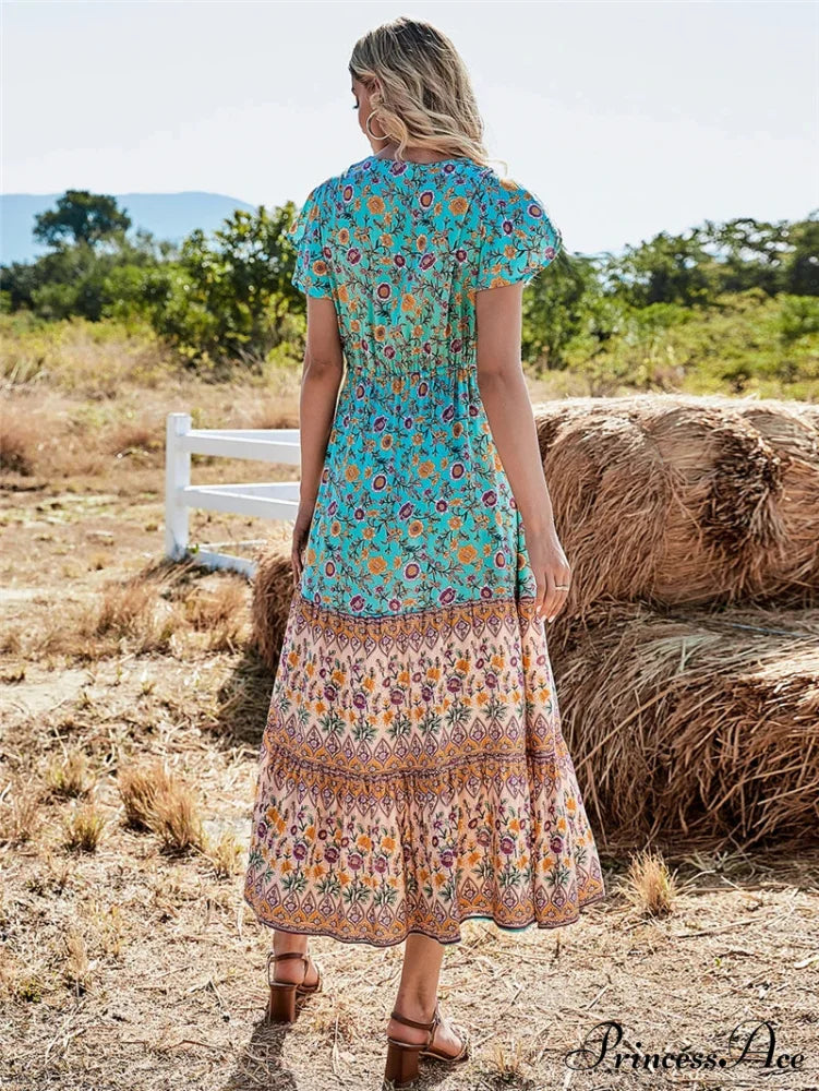 Flower Pattern Button V-neck Folded Rayon Beach Maxi Boho Dress