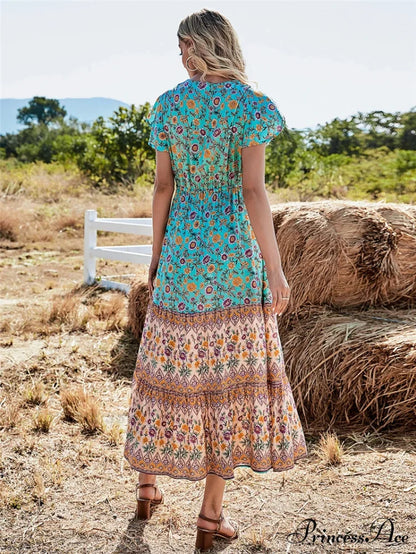Flower Pattern Button V-neck Folded Rayon Beach Maxi Boho Dress