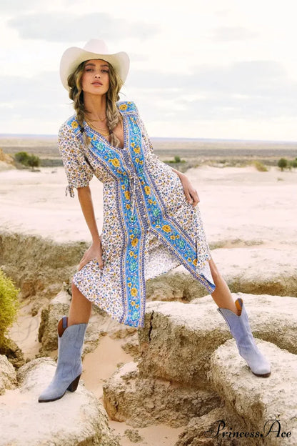 Flower Pattern Half Sleeve Baggy Belt V-neck Holiday Midi Boho Dress