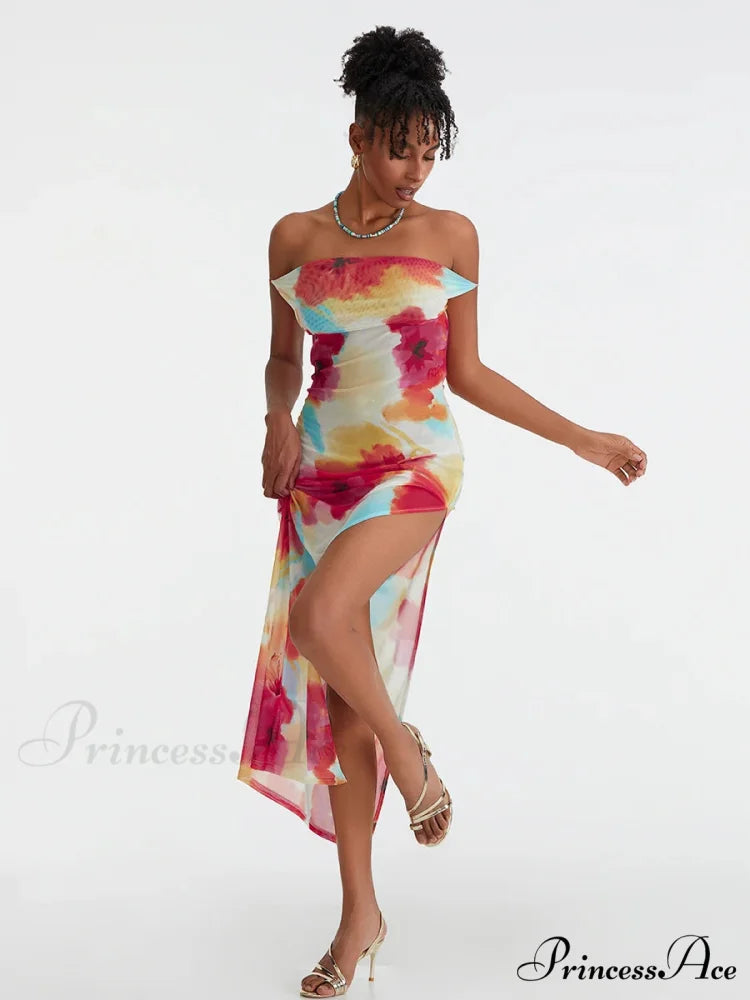 Flower Pattern High Separation Backless Off-Shoulder Tie-up Long Flower Dress