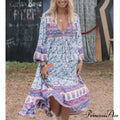 Flower Pattern Long Sleeve Fringe Loose V-neck Rayon Boho Midi Dress