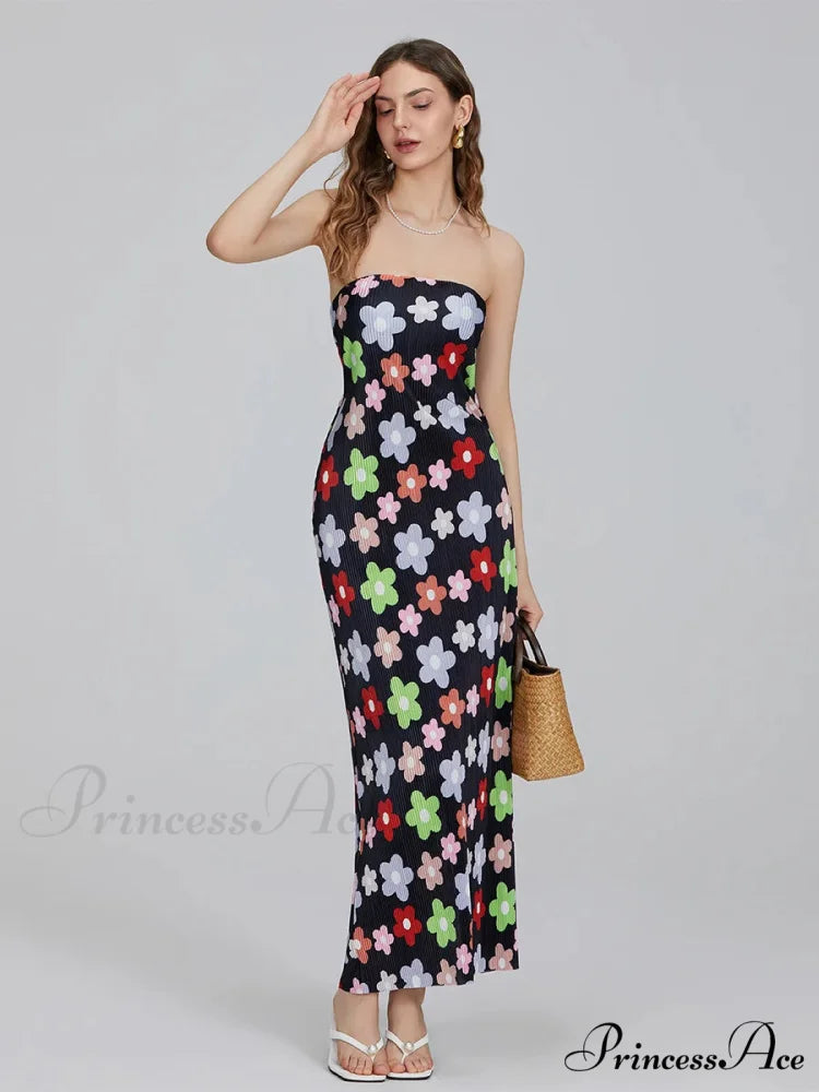 Flower Pattern Off-The-Shoulder Bandeau Pleated Tube Top Open-Back Celebration Dress