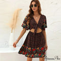 Flower Pattern Rayon Cotton Low-cut Hollow Out Mini Boho Dress