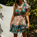 Flower Pattern Rayon Wrap Short Sleeve Seductive Holiday Mini Boho Dress