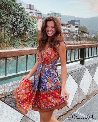 Flower Pattern Rayon Wrap Short Sleeve Seductive Holiday Mini Boho Dress