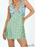 Flower Pattern Sleeveless Lace-up Back Short Seaside Flower Dress