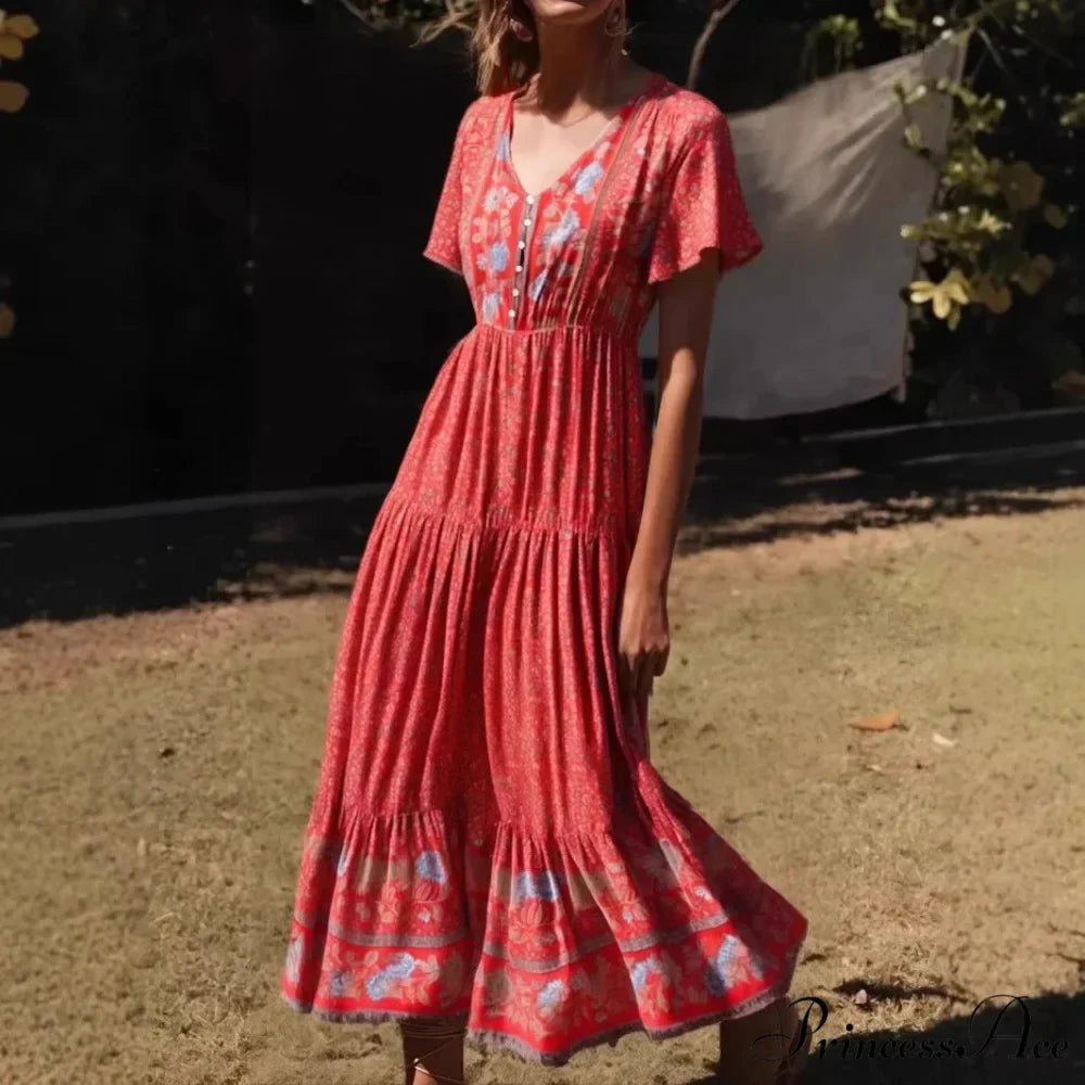 Flower Pattern Solitary Buttoned V-neck Short Sleeve Summertime Long Bohemian Dress