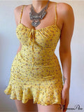 Flower Pattern Spaghetti Strap Deep V Lace-up Flounced Flower Dress