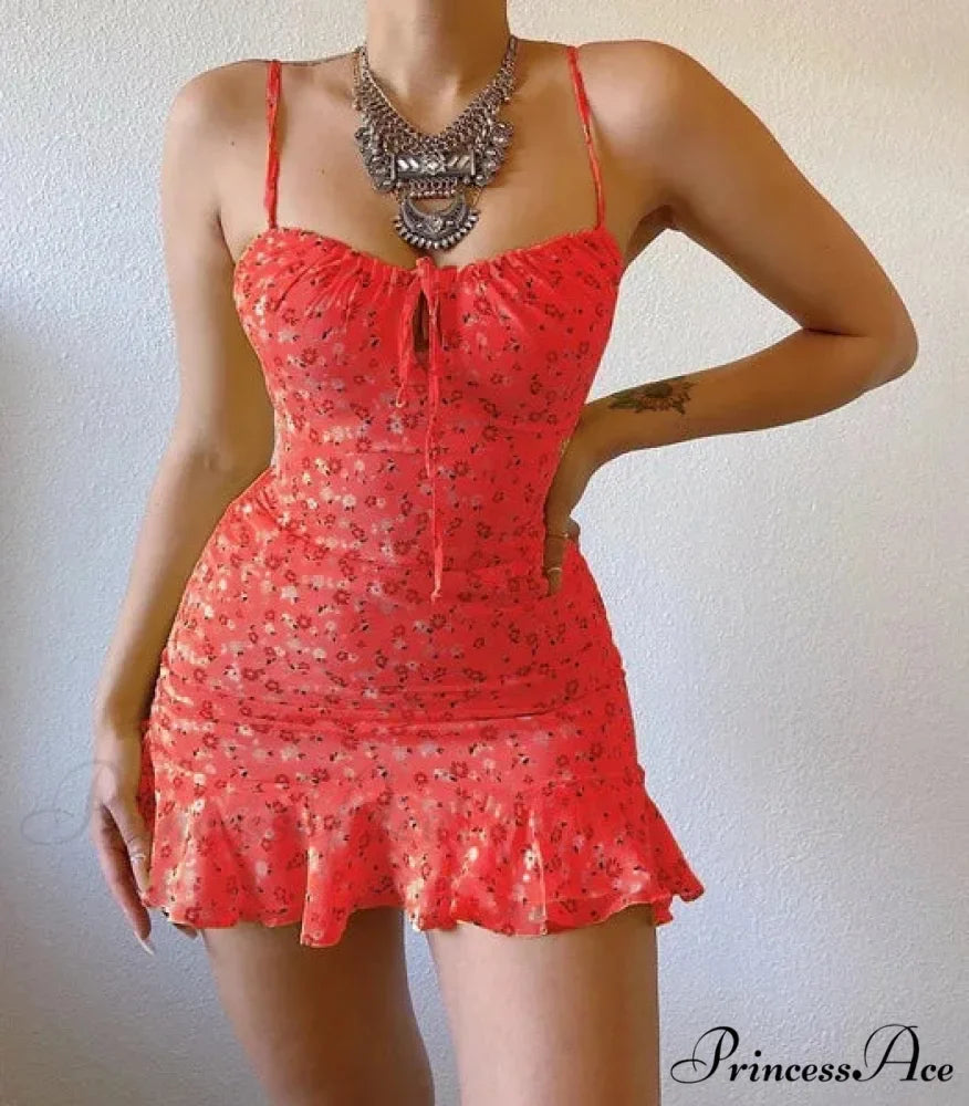 Flower Pattern Spaghetti Strap Deep V Lace-up Flounced Flower Dress