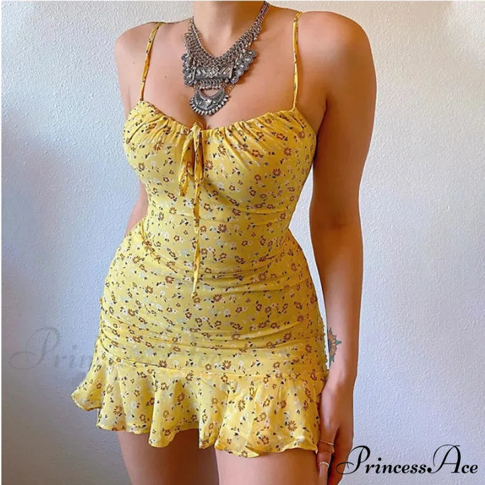 Flower Pattern Spaghetti Strap Deep V Lace-up Flounced Flower Dress