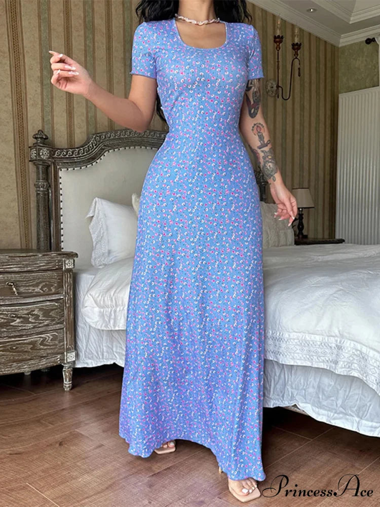 Flower Pattern T-Shirt Fasten Back U-neck A-Line Long Flower Dress