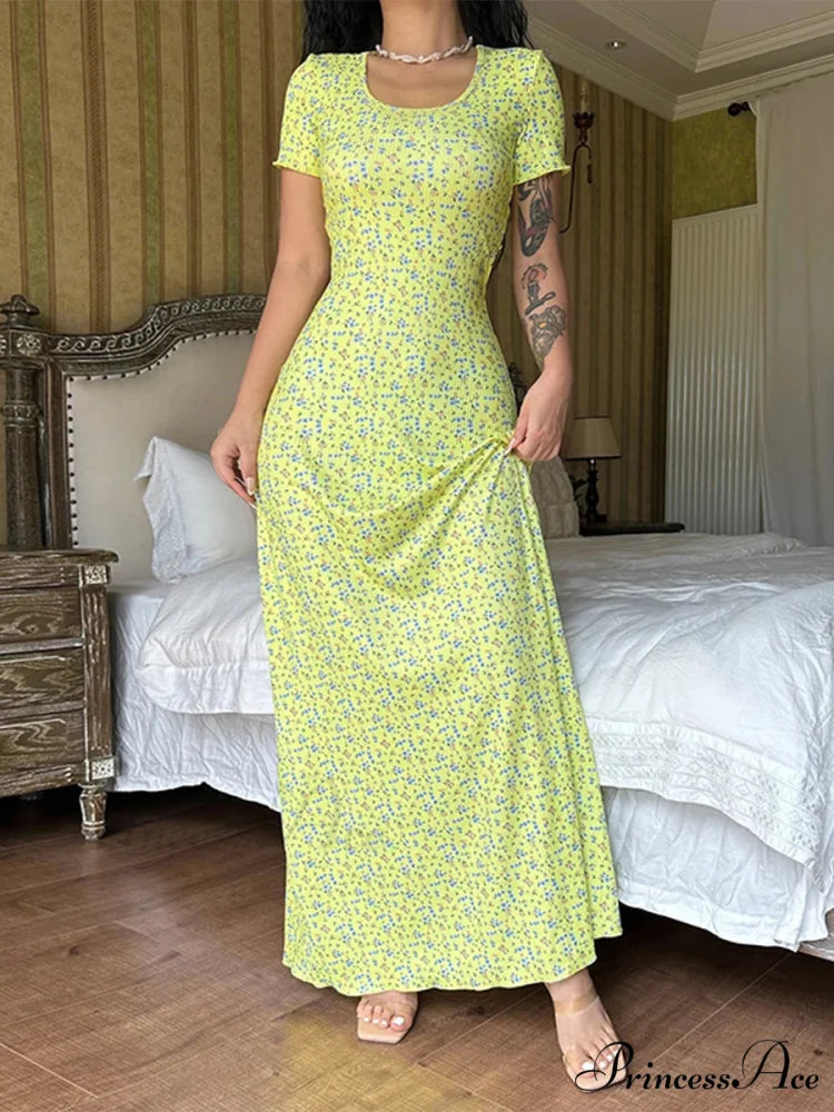 Flower Pattern T-Shirt Fasten Back U-neck A-Line Long Flower Dress