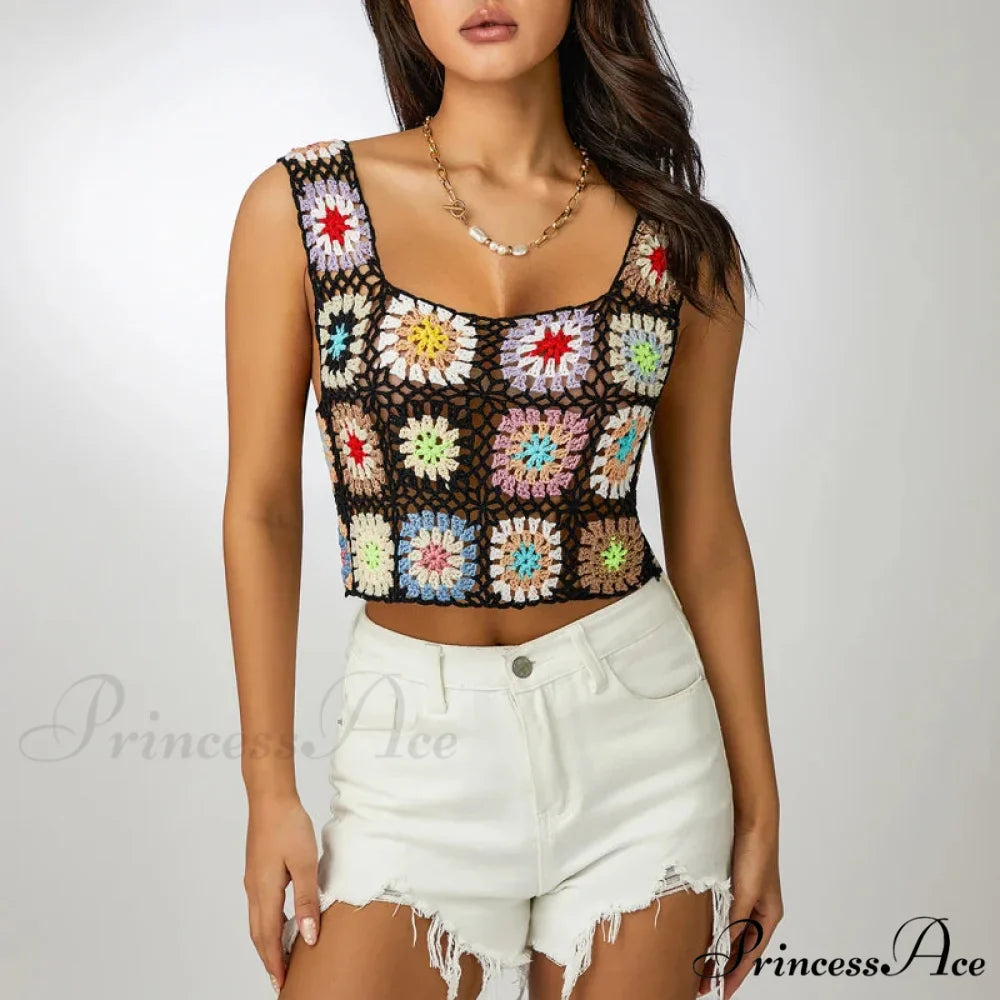 Flower Patterned Empty Crochet Knitted Crop Top
