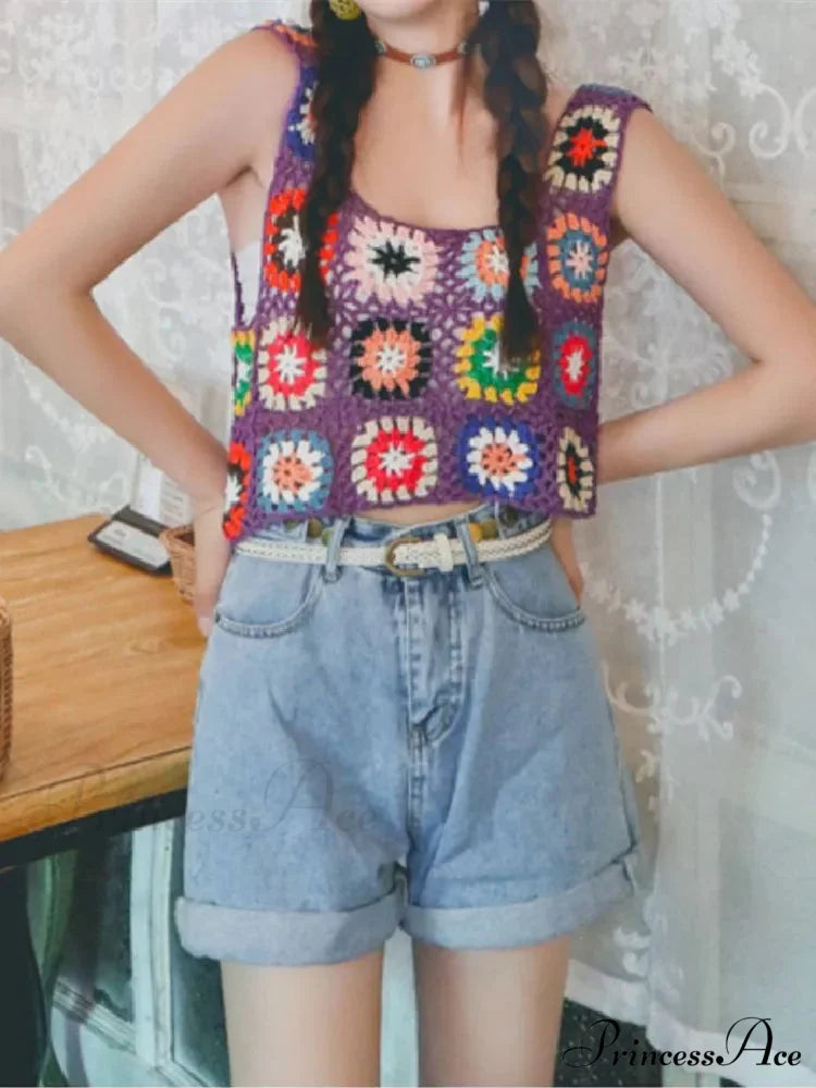 Flower Patterned Empty Crochet Knitted Crop Top