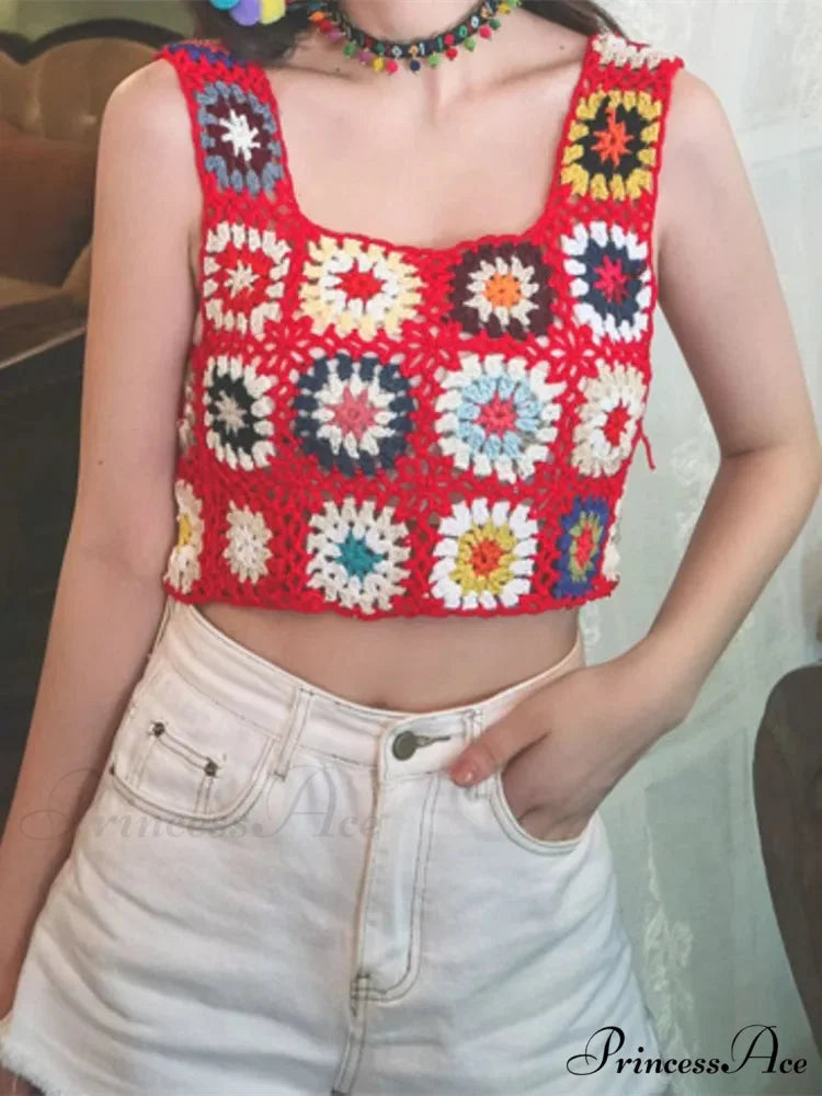 Flower Patterned Empty Crochet Knitted Crop Top