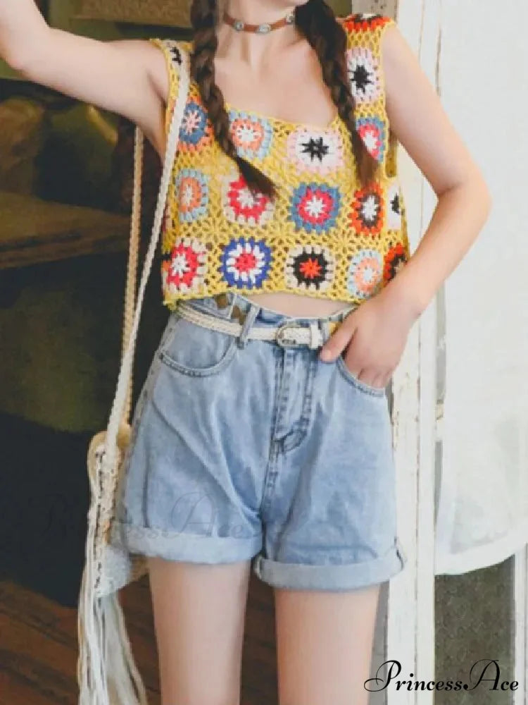 Flower Patterned Empty Crochet Knitted Crop Top