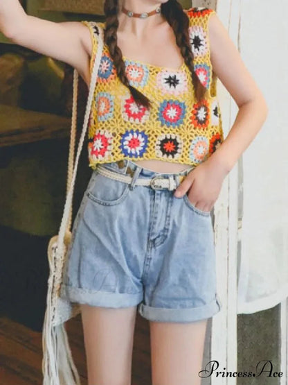 Flower Patterned Empty Crochet Knitted Crop Top